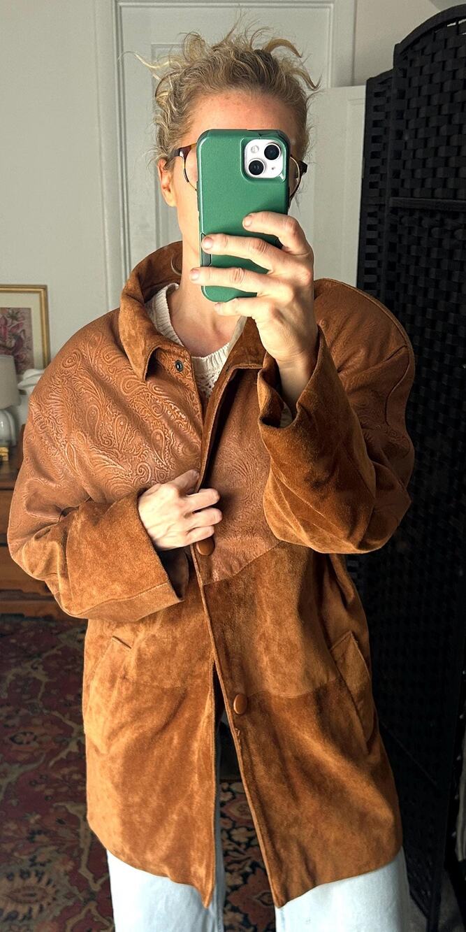 Vintage Brown Suede Leather Coat | Oversized 90s Winter Jacket Sz L